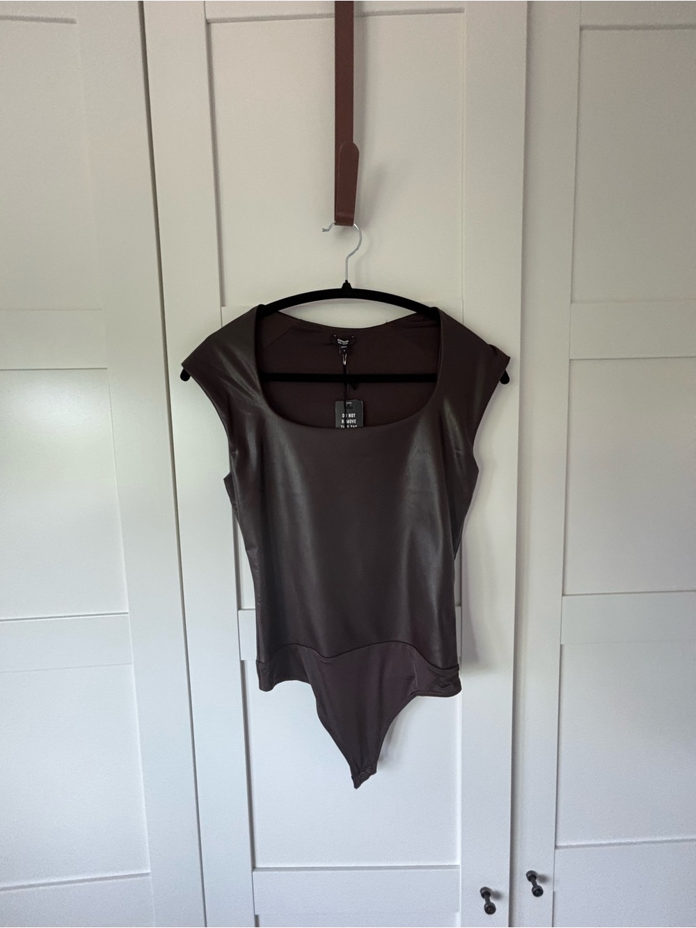 Express Faux Leather Sleeveless Bodysuit in Dark Brown